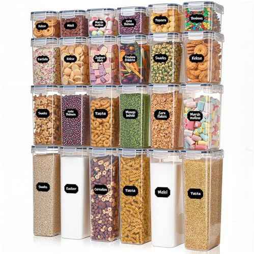 Theo&Cleo Vorratsdosen Mit Deckel Luftdicht (4 Größen), 24er Set Organizer Box, BPA-frei Aufbewahrungsbox Küche, Frischhaltedosen für Mehl, Müsli, Cornflakes, Vorratsbehälter Mit Etikett (24)