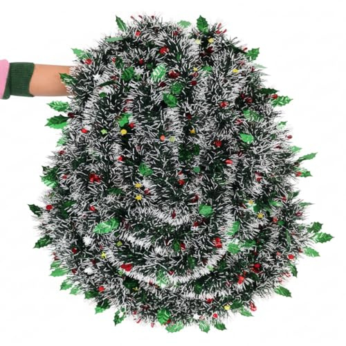 10m Green Chunky Tinsel With Holly & Berries – 10 Metres Sparkly Xmas Garland for Christmas Tree Decorations, Home & Office Christmas Décor UK