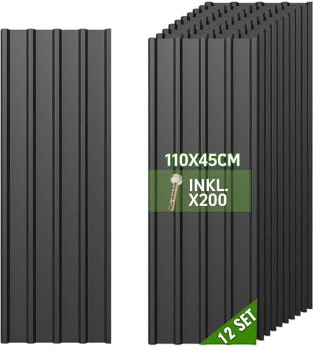 Warmfay® Profilblech Trapezblech 12er Set, 115×45 cm (6,21 m²), Wetterfest Rostresistent Verzinkte Wellblech Dachplatten mit 200 Schrauben, Schwarz Metall Dachblech für Carport, Garage, Gerätehaus