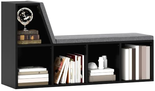 HOMCOM Bookcase Storage Shelf Bookshelf with Cushioned Reading Seat, Black | Storage Cabinet, Study, Living Room