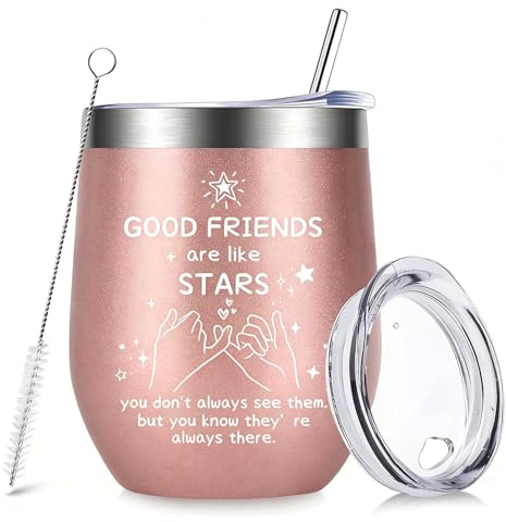 Insulated Wine Tumbler, 12 oz Cup with Straw and Lid for Best Friend | Rose gold stainless steel thermal cup, 11.6 x 7.9 cm, with lid, straw and brush for home, office, picnics or travel