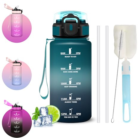 Borraccia 500ml, Borraccia Bambino con Cannuccia, A Prova di Perdite Bottiglia Motivazionale, Spazzole a Bottiglia e Cannuccia, Facile da Pulire, Borracce con Orari per Lavoro, Viaggio, Scuolaola