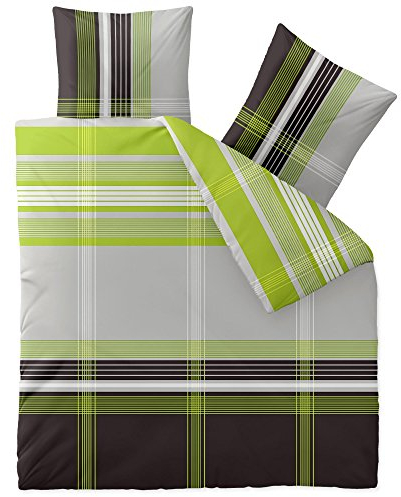 CelinaTex Touchme Biber Bettwäsche 200 x 200 cm 3teilig Baumwolle Bettbezug, Set, Bettgarnitur für Sommer und Winter, ganzjährig, pflegeleicht, Corinna Streifen kariert grün grau anthrazit