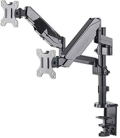 Manhattan TV & Monitor Mount, Desk, Full Motion (Gas Spring), 2 screens, Screen Sizes: 10-27, Black, Clamp or Grommet Assembly, Dual Screen, VESA 75x75 to 100x100mm, Max 8kg (each), Lifetime Warranty