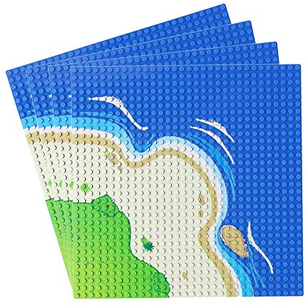 Feleph Classic Blue Baseplate 4 Pieces for City Road Beach, Ocean Island Street Water Base Plate 25 x 25 cm, Building Bricks Toy Compatible with All Major Brands (Curve-4)