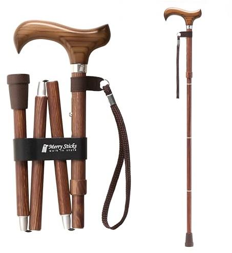 Merry Sticks Lightweight Foldable Walking Canes for Women and Men, Adjustable & Collapsible Walking Stick for Seniors, Balancing Mobility Aids, Ergonomic Handle & Wrist Strap - Sen Wood