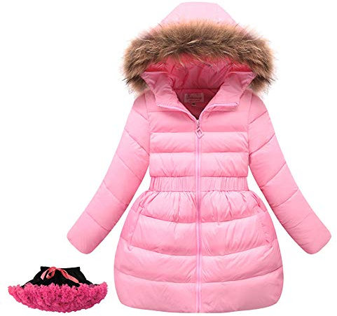YFPICO Bambina Giacca di Piuma Ragazza Cappotto di Piumino con Cappuccio Parka Invernale a Vento, Rosa, 6 Anni/ 140