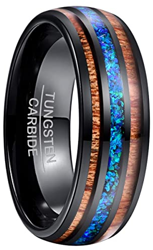 NUNCAD Luxus Ringe für Herren/Damen Wolfram Ring Breit 8 mm mit Blau Opal und Koaholz zum Mosaik schwarz als Verlobungsringe Partnerringe und Fashion Ring