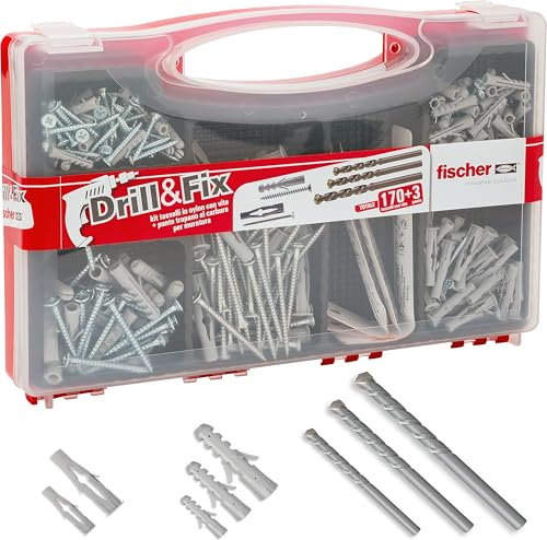 Fischer Maletín Drill & Fix, 170 tacos con tornillo + brocas para taladro de pared