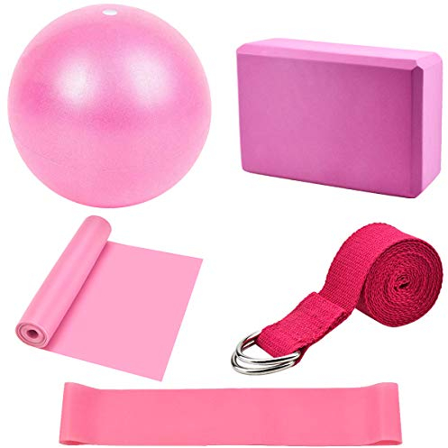 Yoga Fitnessband 5er-Set Gymnastikband Lang Theraband Dehnen und Stretching Pilates Ball Klein Yoga Gurt Sportbänder Gymnastikball Set für Crossfit, Muskelaufbau,Yoga,Pilates Männer/Frauen (Rosa)