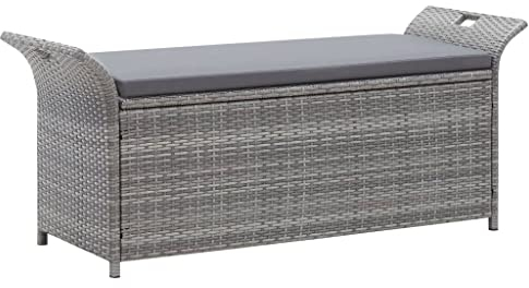 vidaXL Truhenbank mit Auflage Gartenbank Gartentruhe Kissentruhe Kissenbox Sitzbank Rattanbank Bank Box Auflagenbox Grau 138cm Poly Rattan