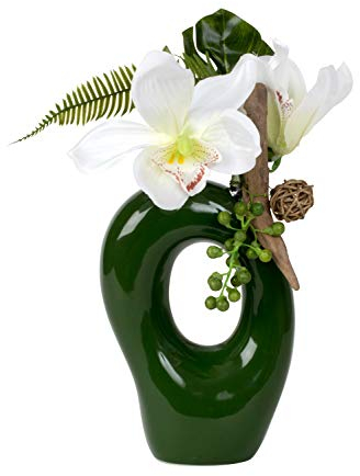 Moderne Dekovase Blumenvase Vase grün aus Keramik inklusive Orchideen Deko Höhe 30 cm