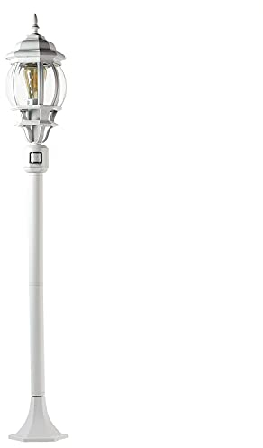 Luminaire de chemin avec détecteur de mouvement en verre et aluminium blanc IP44 jardin H:123,5 E27 Lanterne style maison de campagne rustique lampe sur pied extérieure BREST