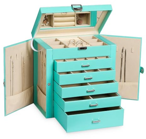 Frebeauty Große Schmuckschatulle 6 Ebenen PU-Leder, Schmuck-Organizer mit Schloss Aufbewahrungsbox mit Spiegel, Zubehörhalter mit 5 Schubladen für Ohrringe, Halsketten, Armbänder für Frauen (türkis)