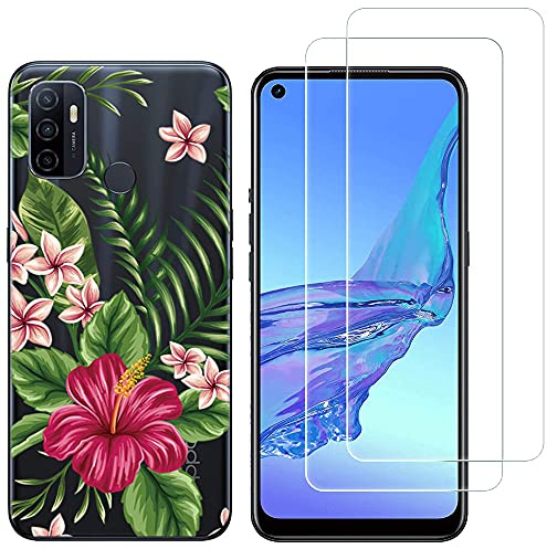 NOVAGO Compatible avec Oppo A53 A53S 4G- Coque Transparente Souple résistante + 2 Films Protection écran Verre trempé 9H (Exotique)