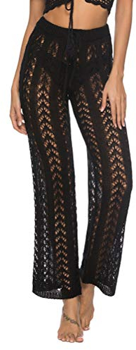 Minetom Damen Swimwear Bikini Cover Up Hose Lang Push Up Badeanzüge Hosen Aushöhlen Häkeln Stricken Hohe Taille Strandhose A Schwarz S