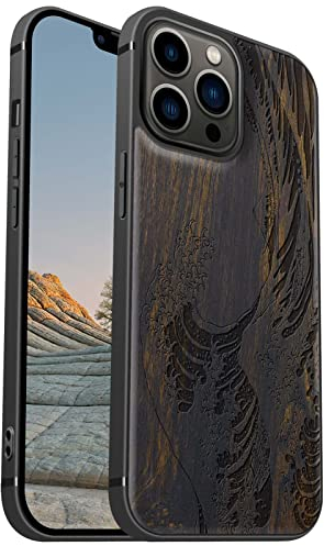 Carveit Magnetisch Hülle für iPhone 13 Pro Max Case [Elegante Schwarzholz] [Weich TPU Stoßstange] Stoßfeste Handyhülle Kompatibel mit 13ProMax Magsafe Hülle Holz （Die große Welle vor Kanagawa）