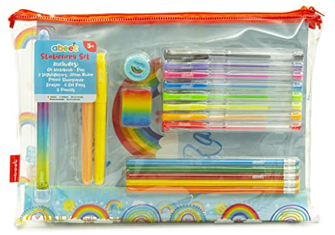 Ensemble Trousse à Crayons Abeec Arc|en|Ciel avec Papeterie | Kit pour Filles Incluant Stylos Gel, Cahier A4, Stylo à Paillettes et Surligneurs | Idéal pour Cadeaux