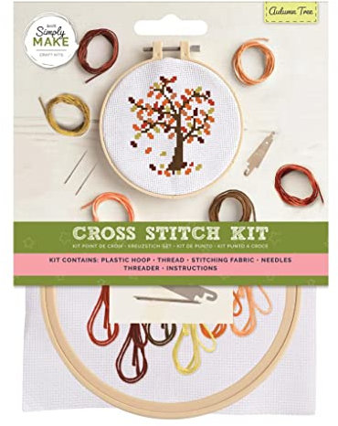 Simply Make Cross Stitch Kit - Autumn Tree Design for Kids and Adults, Including Hoop, Embroidery Thread, Fabric and Needle - Perfect for Adult Crafts and Beginners - Starter Cross Stitch Craft Kit