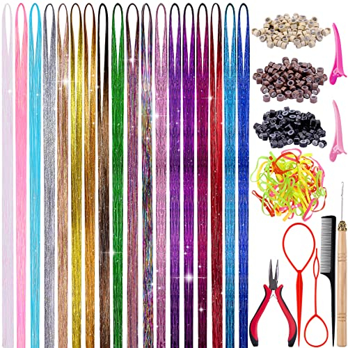 FEQO 3600 Stück 18 Farben Haar Lametta Stränge Kit 120cm Farbige Haarverlängerung Sparkling Shiny Haar Lametta mit Werkzeugen Bunte Haarsträhnen für Frauen Mädchen