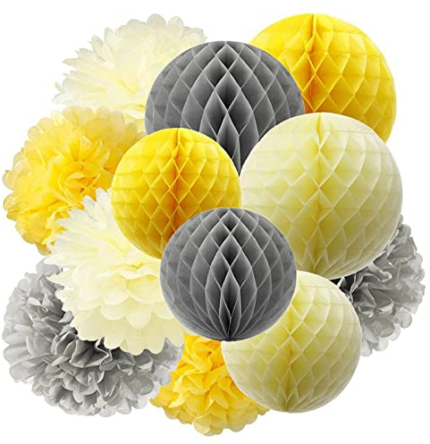 12 Stück Seidenpapier Pompoms und Wabenbälle Dekorpapier Kit für Geburtstag Hochzeit Baby Dusche Parteien Hauptdekorationen,Pompons deko,konfetti wabenbälle deko,Gelb Grau