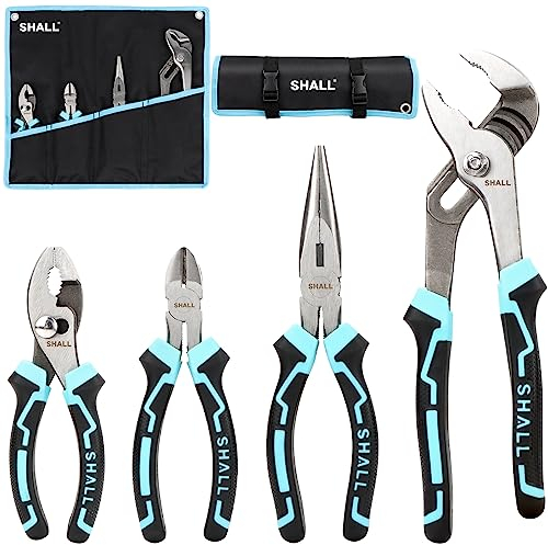 SHALL 4-Piece Pliers Set, Pliers Tool Set, 6 Diagonal Cutting Plier, 8 Long Nose Plier, 6 Slip-Joint Plier & 10Groove-Joint Plier, Two-Color TPR Handle, Roll Up Storage Pouch Included