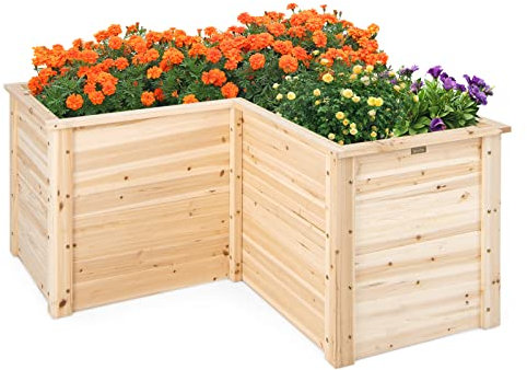 COSTWAY Carré Potager Jardinière en Bois de Sapin Base Ouverte en L, Jardinière Surélevée pour Légumes Fruits, pour Jardin Cour Pelouse, 120 x 120 x 62 cm (Naturel)