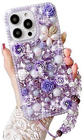Changjia for iPhone 13 Pro Max Glitter Bling Case, Cute Luxury 3D Crystal Rhinestone Flowers Diamond Pearl with Wrist Strap Bracelet Chain Women Girls Case Cover for iPhone 13 Pro Max 6.7Inch (Purple)
