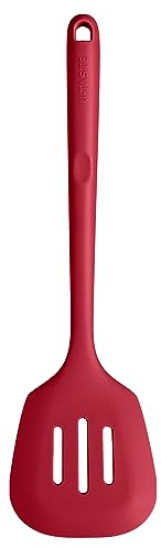 U-Taste Extra Long Silicone Slotted Turner, 315℃ Heat Resistant Food Grade Kitchen Spatula, Non Stick Seamless Flexible Rubber Cooking Flipper for Frying, Flipping Eggs, Fish, Pancake, Burger (Red)