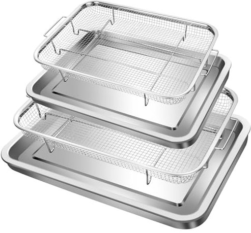 Air Fryer Basket for Oven 2 Set Stainless Steel, Air Fryer Accessories Oven Rack and Crisper Tray, Bacon Cooker Broiler Pan for Oven, Bakeware Sets Oven Rack-2-Set Large & Medium