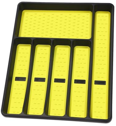Silverware Organizer with Cutlery Icons,Silverware Tray for Kitchen Drawer,Plastic Flatware Tableware Cultery Drawer Organizer Utensil Organizer with Non-slip TPR Linings,6-Compartment,Yellow