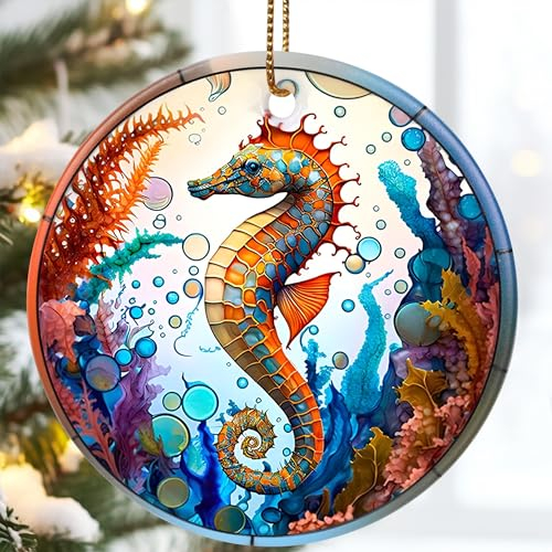 Jocidea Seepferdchen Ornament, Seepferdchen Weihnachtsschmuck, 7,1 cm Keramik Weihnachtsdekoration, Seepferdchen Weihnachtsbaum Ornament, Urlaub Ornament Geschenk, Seepferdchen Themed Geschenke,