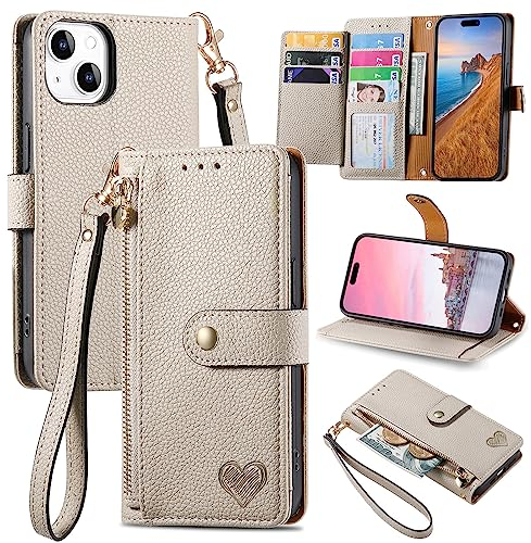 VEEMOS Zipper Wallet Case for Apple iPhone 13 Phone Case with Purse Card Holders RFID Blocking Leather Flip Case Book Cover Wrist Strap Women - Gray