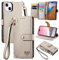 VEEMOS Zipper Wallet Case for Apple iPhone 13 Phone Case with Purse Card Holders RFID Blocking Leather Flip Case Book Cover Wrist Strap Women - Gray