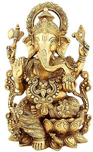 Amilav Collections Große indische Statue aus Messing, Ganesha, sitzend auf Lotus, 33 cm, goldfarben, 7,8 kg, spirituelles Schaustück, Figur, Skulptur, Idol, Hauseinweihungsgeschenk, Heimdekoration