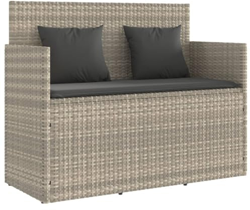 vidaXL Gartenbank mit Kissen, Sitzbank mit Staufach unter Sitzfläche, Parkbank mit abnehmbaren Bezügen, Außenbank Outdoor Bank, Hellgrau Poly Rattan