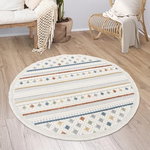 Paco Home Teppich Wohnzimmer Kurzflor Boho Modern Ethno Skandinavisch Geometrisches Muster Fransen, Grösse:160 cm Rund, Farbe:Bunt 4