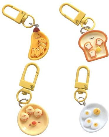 Qinlenyan 4Pcs Poached Egg Keychain Cartoon Miniature Toast Pendant Keychain Funny Key Pendant Breakfast Plate Charm Key Ring Wallet Handbag Car Keys Decoration Sets