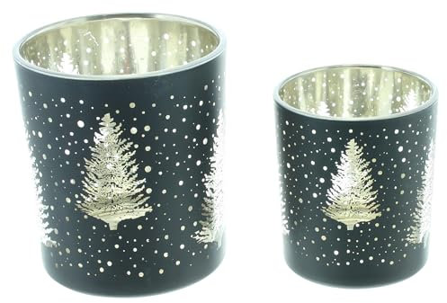 Windlicht Tannenwald, 2er Set, Glas, Mattschwarz, innen Gold verspiegelt Maße: Ø 7 x 8 cm, Ø 8 x 10 cm, ohne Kerzen