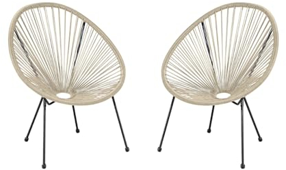 CONCEPT USINE | Lot de 2 Chaises de Jardin | Fauteuils Oeufs Design | Acapulco Beige | Cordes Effet Rotin | Structure Acier Robuste | Anti-UV et Waterproof | Jardin, Patio, Terrasse, Balcon