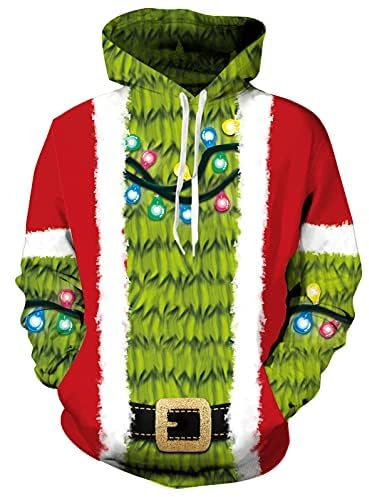 Freshhoodies Noël Sweats à Capuche Hommes Cool 3D Imprimer Pull Drôle Femmes Arbre de Noël Sweatshirt Adolescents Garçons Fête Cadeau Clothes, L