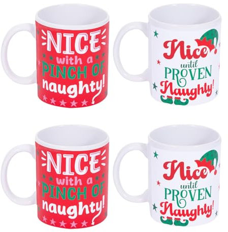 YöL Set Of 4 Naughty Or Nice Christmas Mugs White And Red Party Xmas Mug Set Home Kitchen Festive Gift