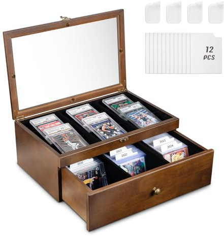 Emfogo Trading Card Storage Box, 70+ Graded Card Storage Box with Custom Drawer, Wood Sports Card Storage Display Case with Large Clear Window, Trading Card Box with Dividers for TCG/Mtg Collection