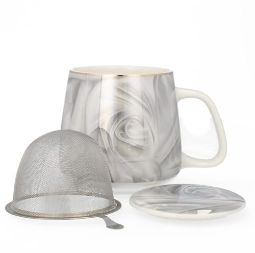 LIVELLO Porzellan Teetasse mit Metall-Teesieb 500 ml Eleganter Teebecher mit Deckel Porzellan Tasse für losen Tee Küchenzubehör Geschenkidee Tee Kaffee großer Becher stilvolles Design Grau