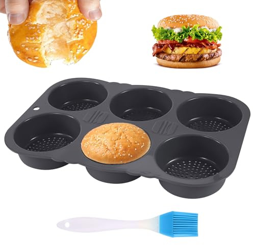 Burger Buns Backform, Brötchenbackformen Rund 10cm Ø Silikon Perforierte mit 6 Hohlräumen Brötchen Backform für Hamburger Brot Muffins Schokoladenkuchen Kuchen Kuchen Torte,Kichen Backwerkzeug
