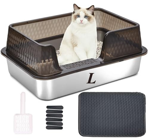 Suhaco bac à litière pour Chat en Acier Inoxydable avec Couvercle et Pelle pour Toilettes pour Chats High Edge XL Facile à Nettoyer Grand bac à litière pour Chat (L, Noir)