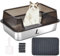 Suhaco Edelstahl Katzenklo mit Deckel Matte und Schaufel für katzentoilette Hohe Seiten XL Leicht Zu Reinigen Große Streukasten (L,Schwarz)