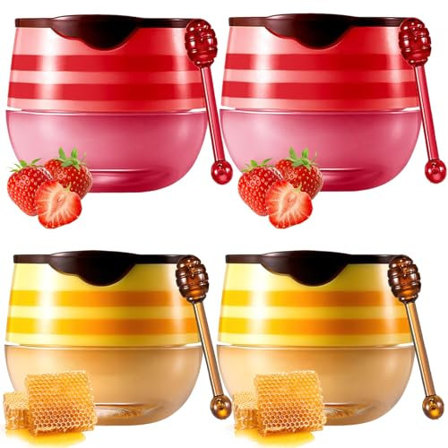 DOOCECIY 4 Pcs Strawberry Bee Lip Balm Honey Pot, Moisturizing Honey Lip Balm UK Lips