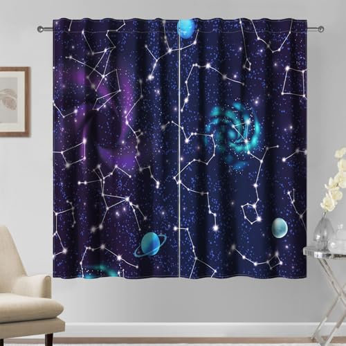 Kzzfqxb 117×138cm Galaxy Gardinen, Blau Lila Nacht Sternenhimmel Planeten Nebel Astrologie Astronomie gardinen 2 Paneele für Jungen Mädchen, Schlafzimmer Wohnzimmer Fenstervorhänge