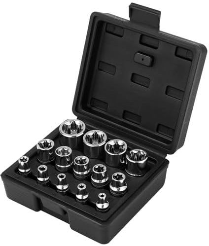 Bixury Douille Torx Profilés E E-Torx en forme D'étoile Lot de 14 Douilles Torx Femelles 1/4 3/8 1/2 E4 E5 E6 E7 E8 E10 E11 E12 E14 E16 E18 E20 E22 E24 Coffret de Douilles Torx avec Étui Noir
